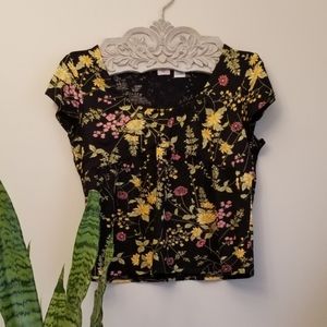 Anthropologie NEW Floral Cropped Knit Babydoll Top Size Large